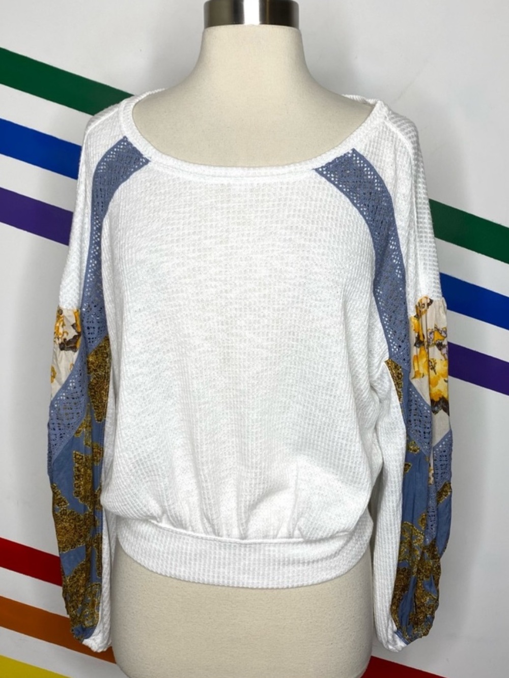 NEW Free People Casual Clash Thermal Ivory Blue Floral Balloon Sleeve Top XS